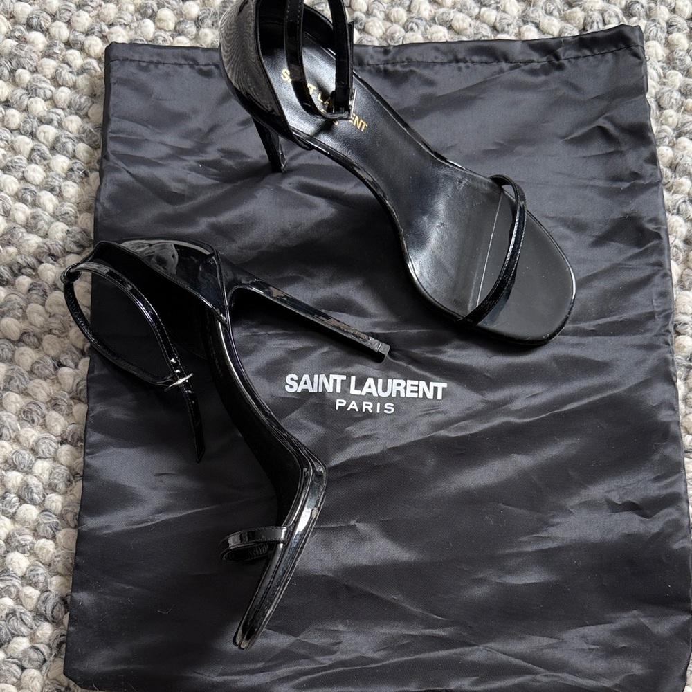 Yves Saint Laurent Glossy Black Strappy Sandal Heels